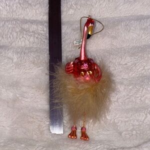 Pink Flamingo Bird Glass Christmas Ornament with feathers vintage about 7” tall